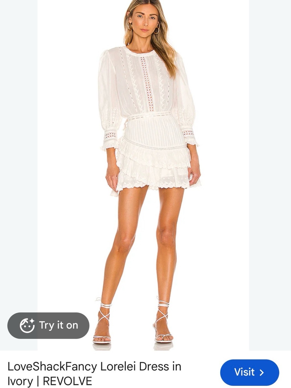 LoveShackFancy Ivory Lace Tiered Mini Dress with Puff Sleeves